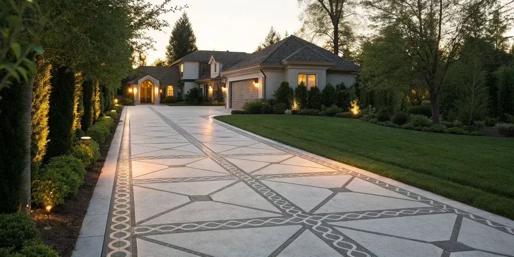 Modern concrete driveway idea with geometric patterns and lighting leading to a luxury home.