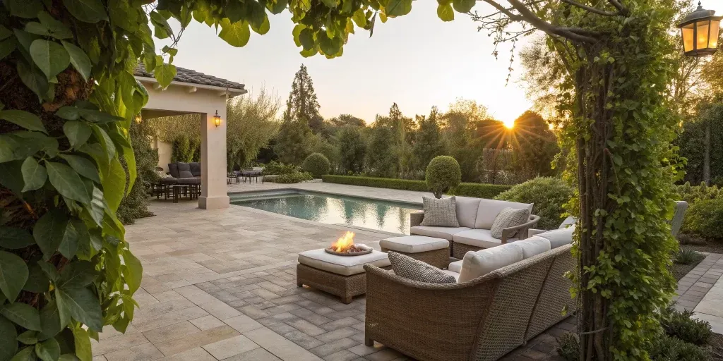 Orange County backyard remodel with a luxury pool, paver patio, fire pit, and outdoor seating.