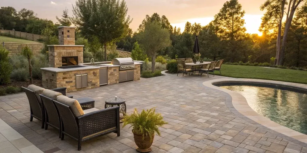 Completed paver installation for a modern patio and pool deck in an Orange County backyard.