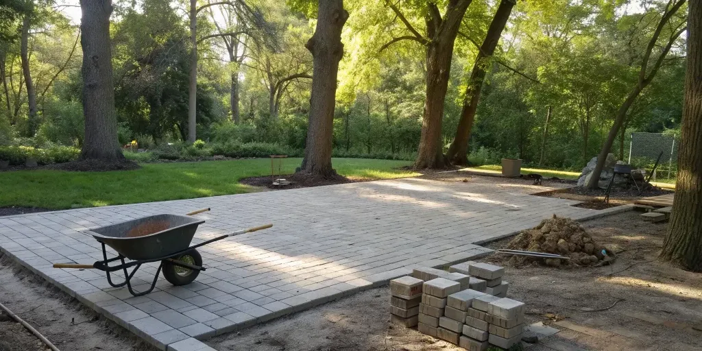 Paver patio installation with materials laid out, a key part of calculating the final cost.