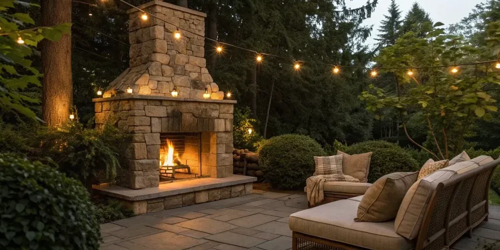 A stone wood burning outdoor fireplace on a patio with cozy seating and string lights.