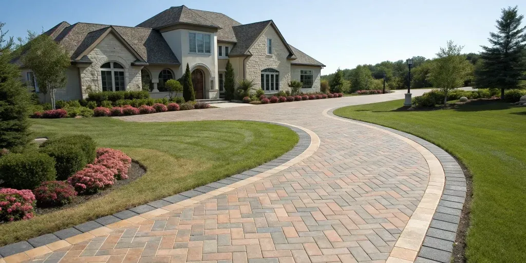 A new paver driveway installation in front of a modern Orange County home.