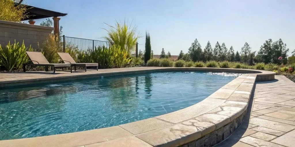 Cracked and crumbling stone pool coping in need of replacement.