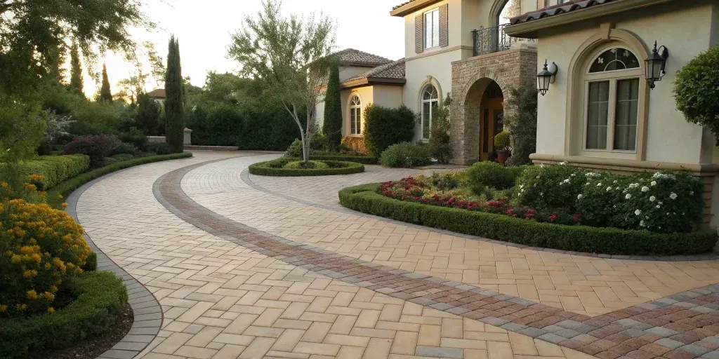 A modern concrete paver driveway with a herringbone pattern.