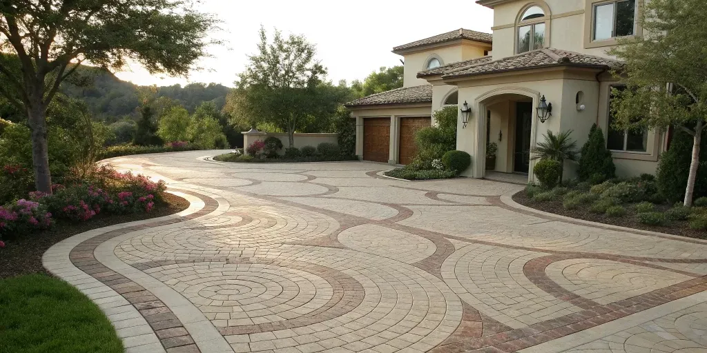 A completed driveway pavers installation with a decorative, interlocking pattern.