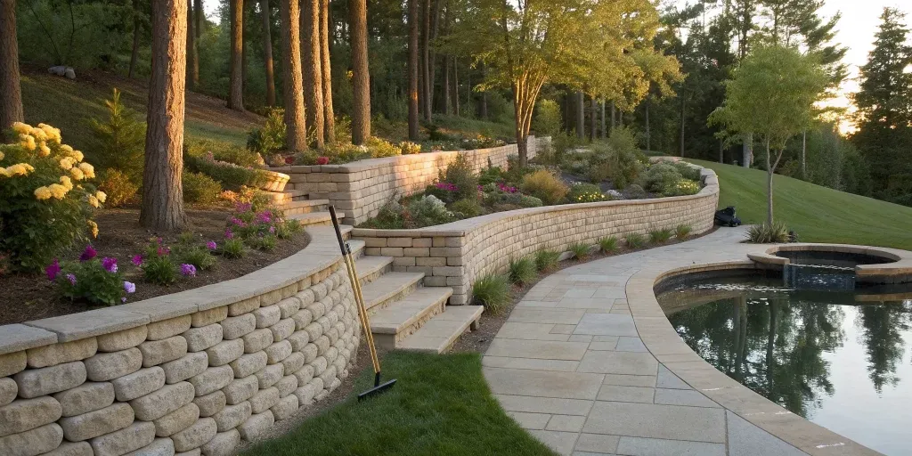A professionally built stone retaining wall with steps, installed by expert retaining wall builders.