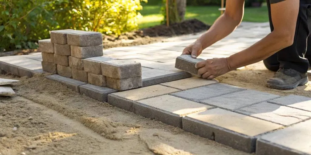 Paver driveway installation with a worker setting stones on a sand base.