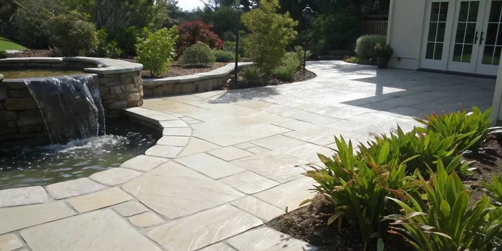 A backyard paver patio after a thorough cleaning and sealing process.