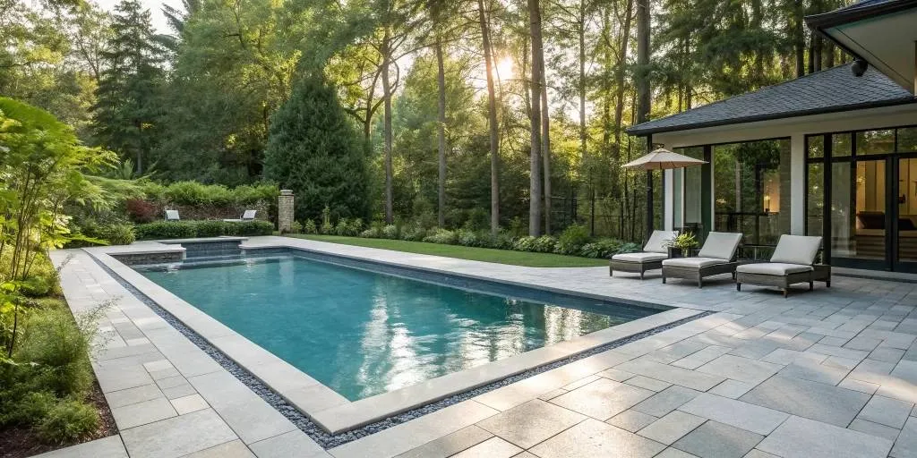 A modern swimming pool renovation with a new paver deck and poolside lounge chairs.