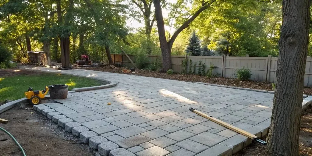 DIY paver patio installation with stone pavers, edge restraints, and tools in a backyard.