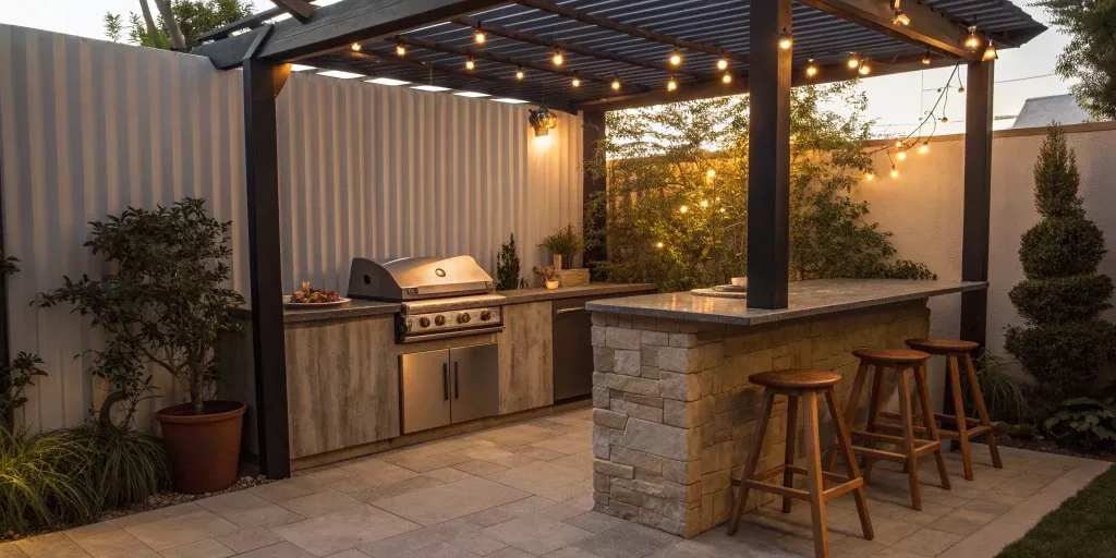 Small covered outdoor kitchen idea with a modern stone finish, built-in grill, and bar seating.