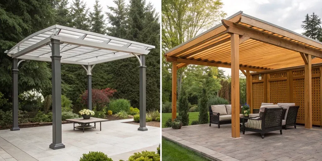 An Alumawood patio cover vs a wood patio cover in a side-by-side view.