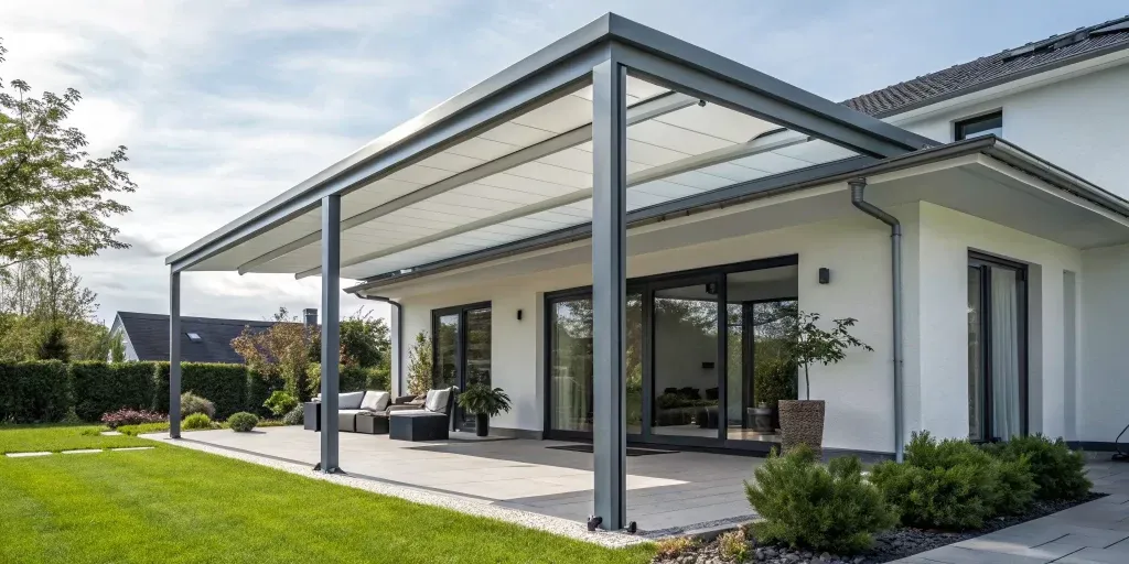 A modern aluminum patio cover installed over a furnished backyard patio.