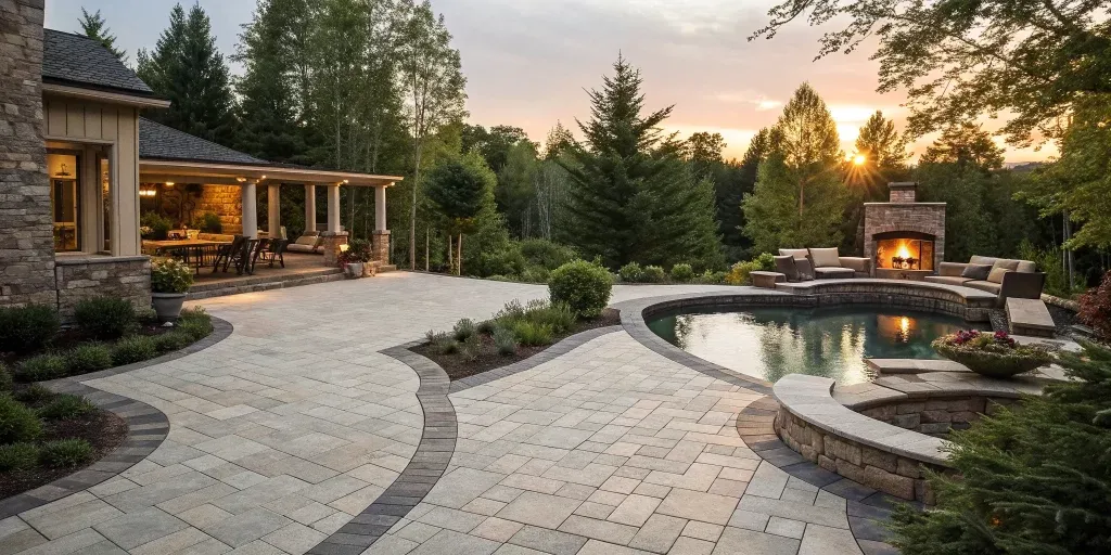 A professional hardscape design company's finished project with a stone patio, pool, and outdoor fireplace.