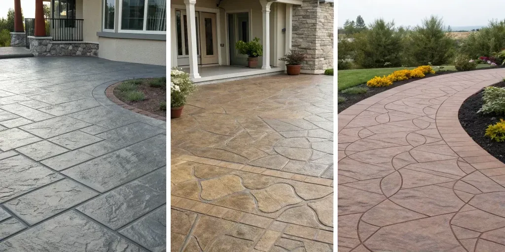 A stamped concrete patio showcasing one of the best color combinations in modern earth tones.