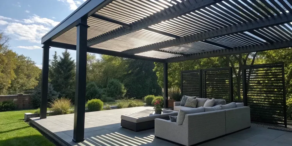 An adjustable louvered pergola kit installed on a patio with modern outdoor seating.