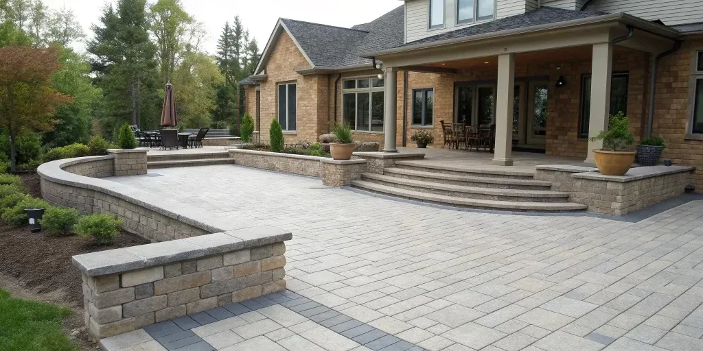 A completed brick paver patio installation with integrated steps and a retaining wall.