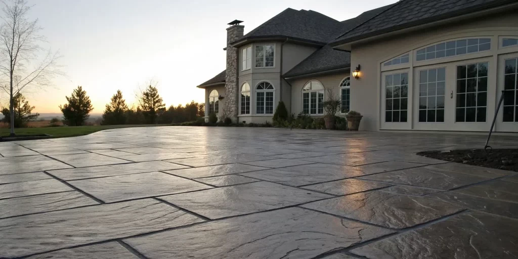 The disadvantages of stamped concrete, including cracks and color fading on a patio.