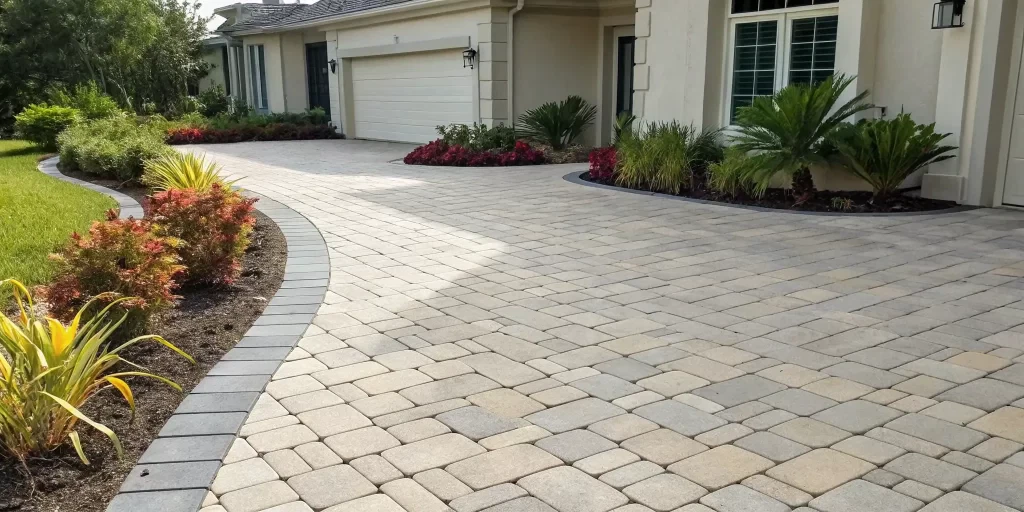 A paver driveway with rich color and a protective sheen, key benefits of sealing pavers.