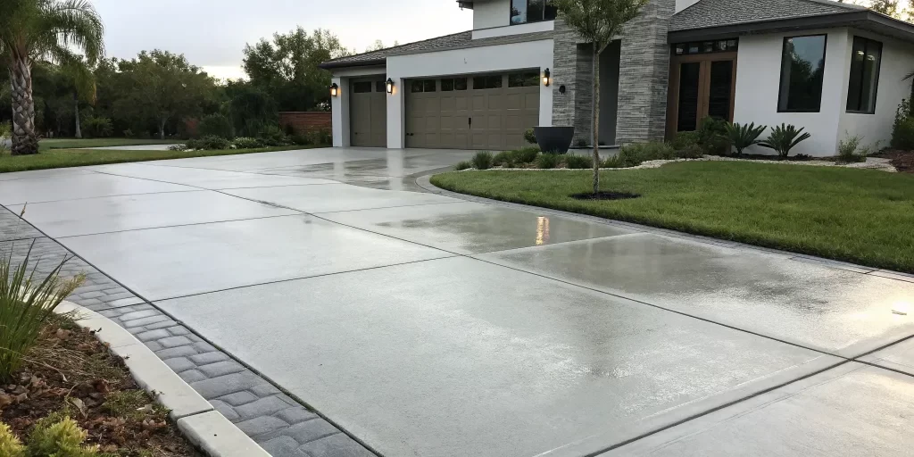 A home with a smooth concrete driveway bordered by textured interlocking pavers.