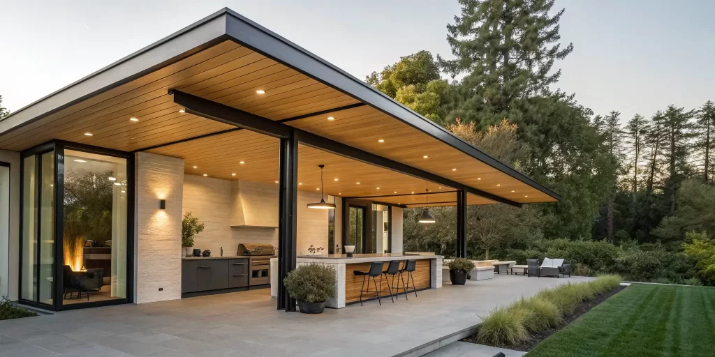 Modern covered outdoor kitchen attached to a house with a built-in grill and bar seating.