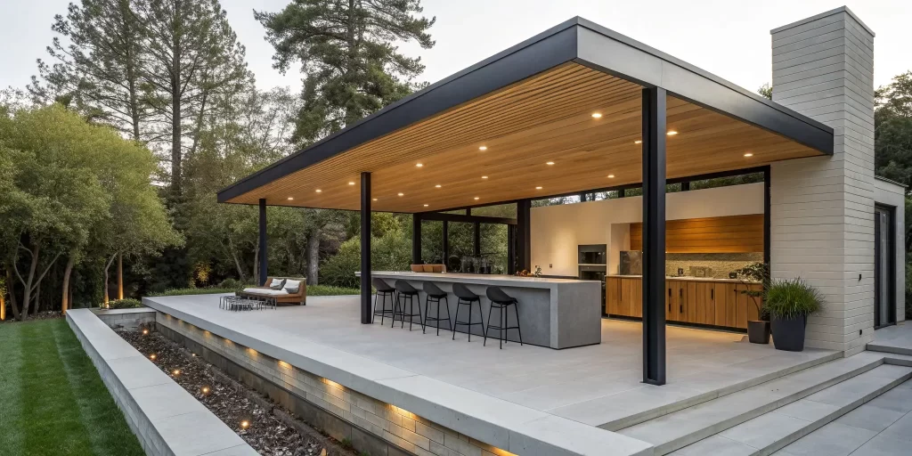 A modern covered outdoor kitchen and bar designed with sleek seating and warm wood accents.